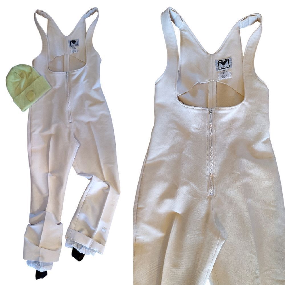 Obermeyer VTG Ivory Snow Ski Bib Softshell Stirrup Wool Jumpsuit SZ 12